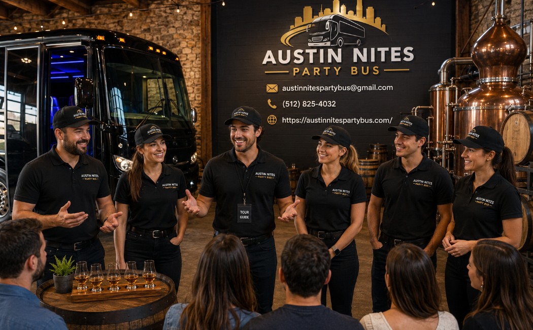 austin-nites-party-bus-tour-guide-team-welcoming-guests-inside-a-texas-distillery-with-branded-uniforms-and-professional-tour-service