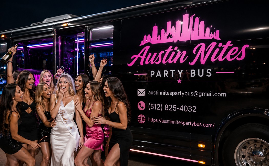 bridesmaids-surprising-the-bride-beside-a-luxury-austin-party-bus-with-wedding-transportation-service