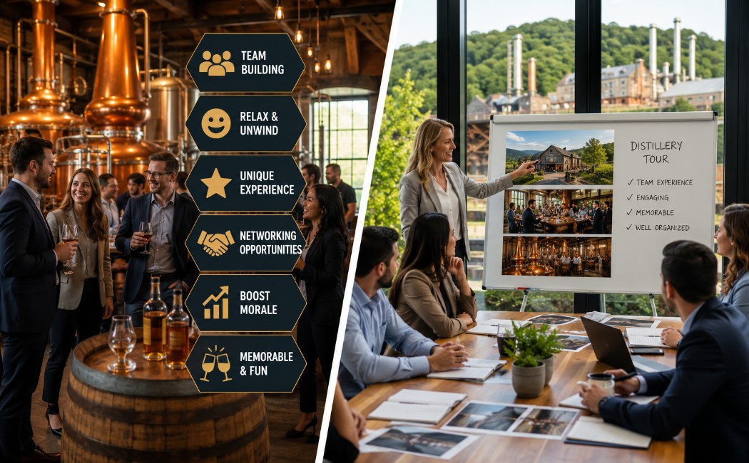 corporate-team-planning-an-austin-distillery-tour-while-another-group-enjoys-a-guided-whiskey-tasting-experience-at-texas-distillery
