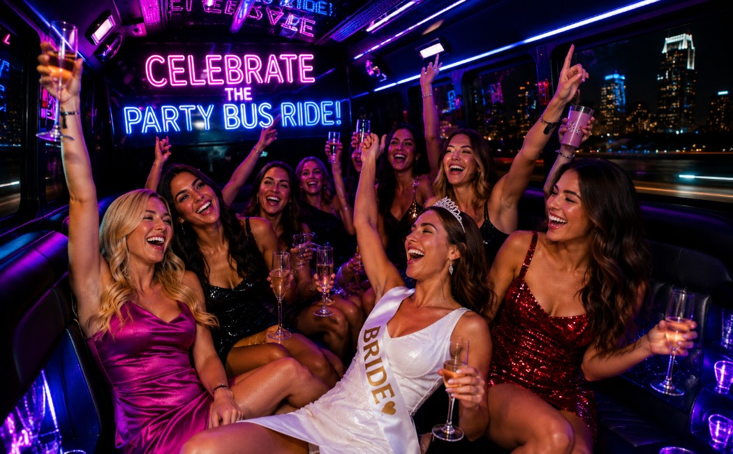 happy-bride-and-bridal-party-enjoying-a-stylish-party-bus-with-austin-nites-party-bus-branding