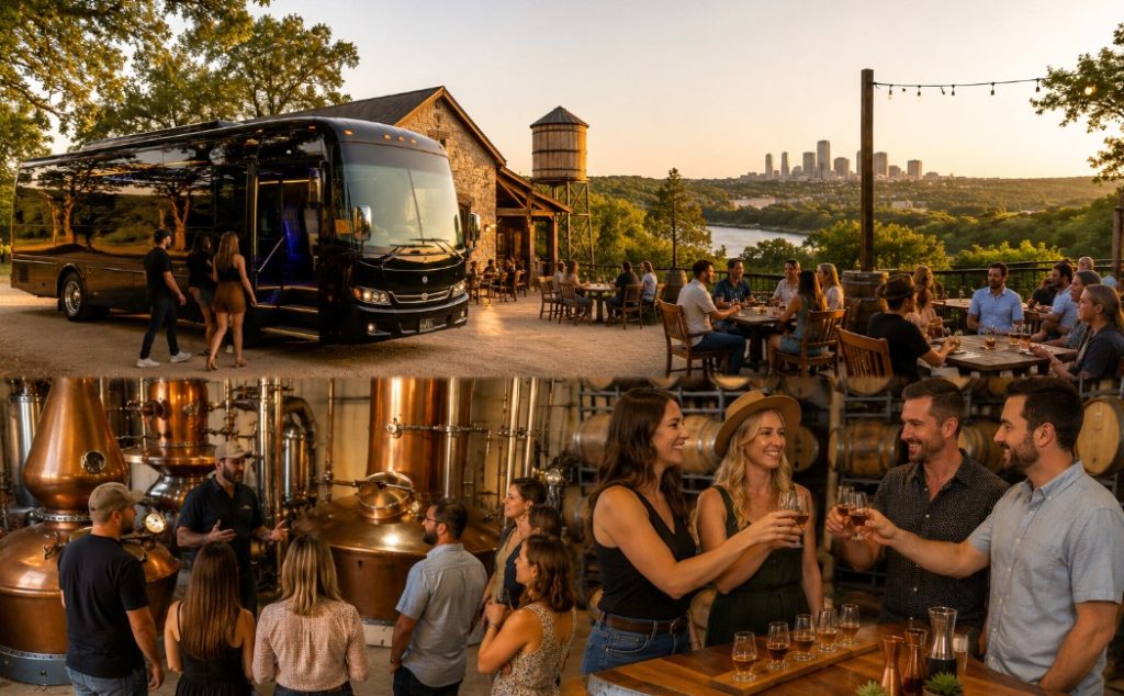 luxury-austin-party-bus-parked-outside-texas-distilleries-as-guests-enjoy-whiskey-tastings-and-guided-distillery-tours-in-the-hill-country