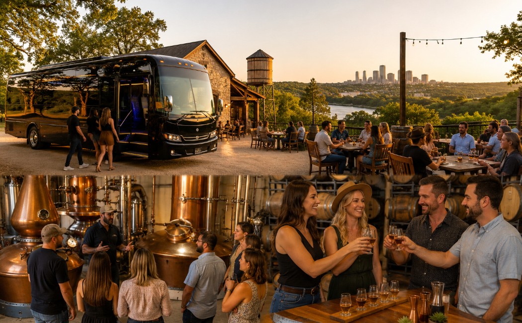 luxury-austin-party-bus-parked-outside-texas-distilleries-as-guests-enjoy-whiskey-tastings-and-guided-distillery-tours-in-the-hill-country