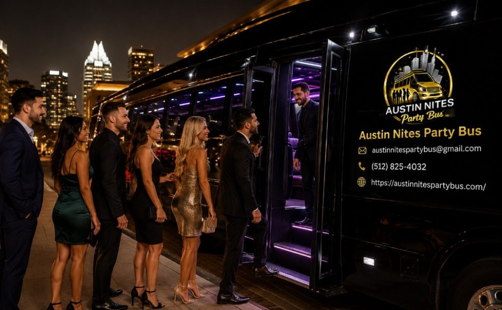 austin-nites-party-bus-providing-luxury-transportation-in-austin-with-stylish-passengers-boarding-a-premium-party-bus-for-weddings-birthdays-bachelor-and-bachelorette-parties-corporate-events-and-airport-transportation