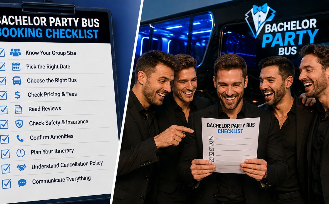 Bachelor party bus booking checklist with friends reviewing important planning tips before reserving a luxury party bus.