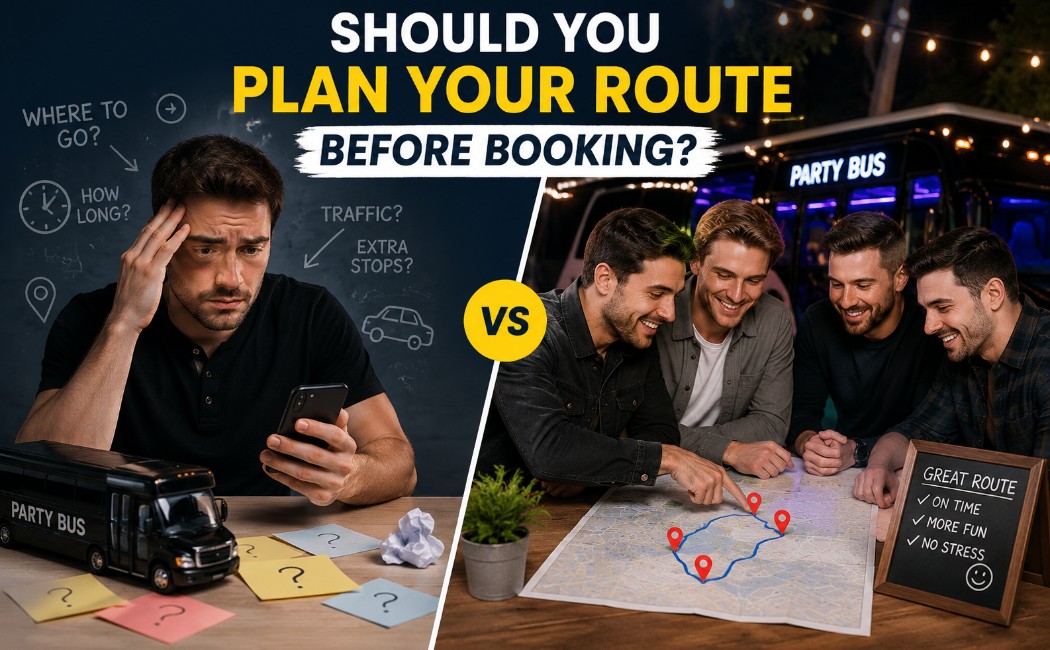 Friends planning a bachelor party bus route on a map before booking compared with poor trip planning.
