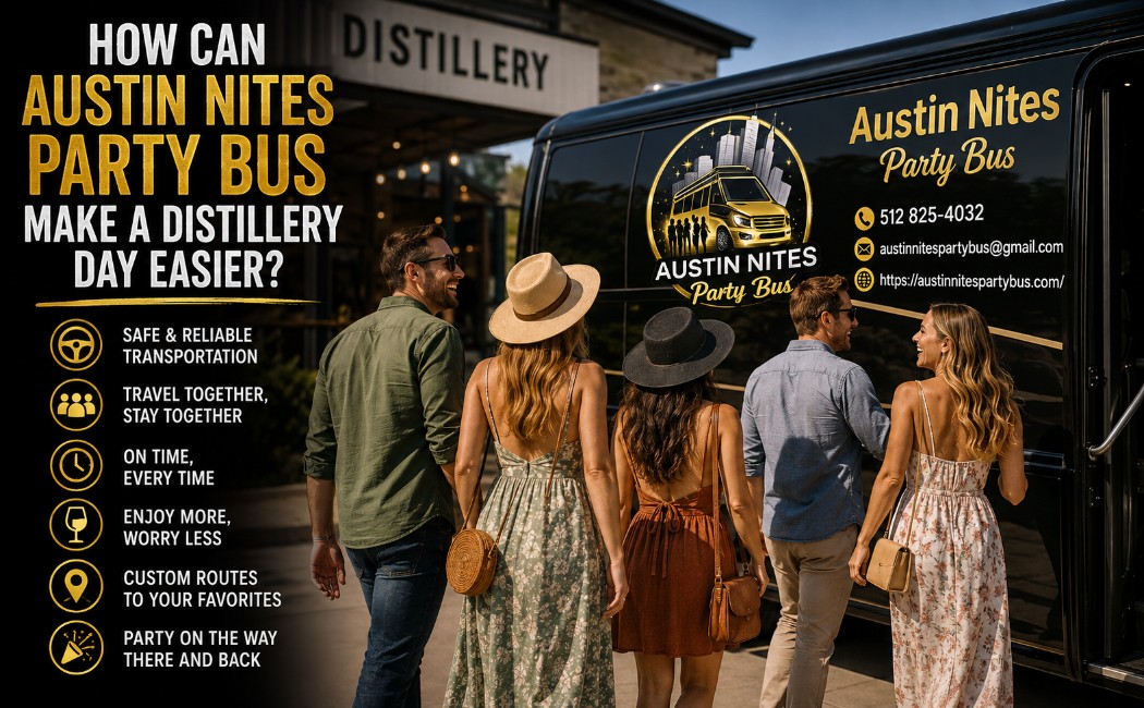 group-of-friends-boarding-an-austin-nites-party-bus-outside-a-distillery-with-branded-vehicle-graphics-promoting-safe-convenient-and-enjoyable-transportation-for-a-distillery- tour