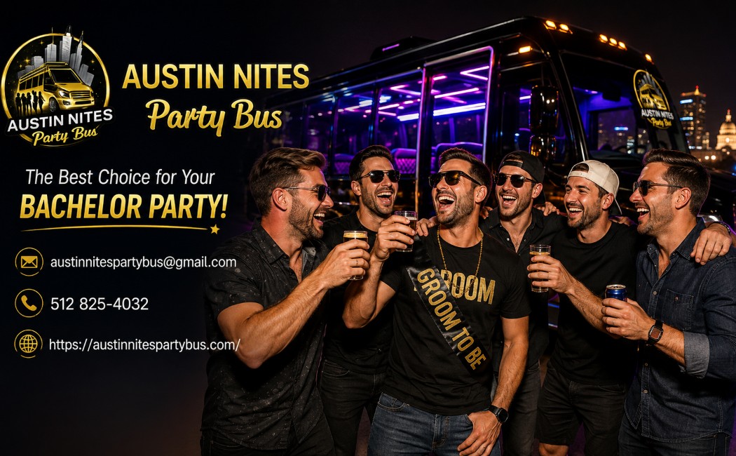 Group celebrating outside a luxury Austin Nites Party Bus, the ideal transportation for unforgettable bachelor party events.