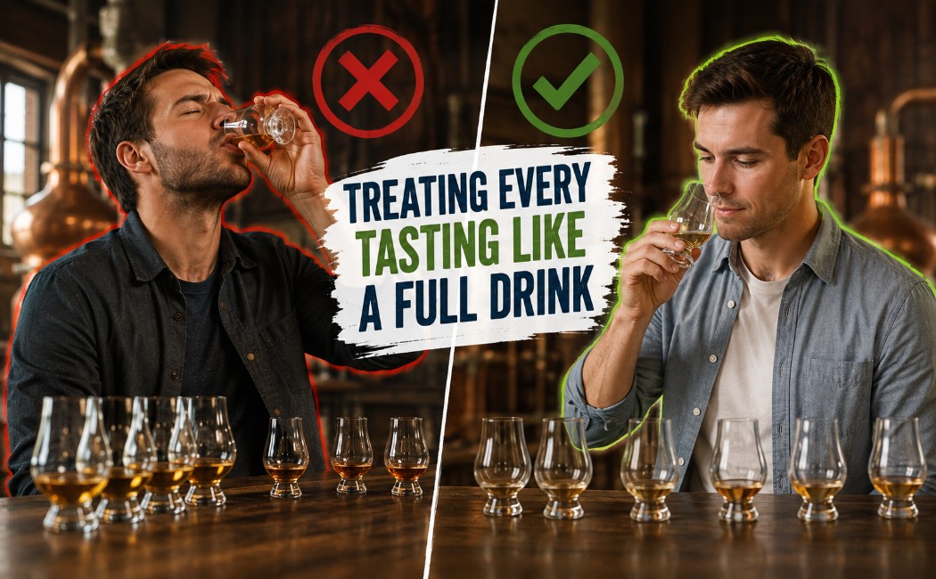 comparison-image-showing-a-visitor-drinking-a-whiskey-sample-too-quickly-versus-properly-sipping-and-enjoying-a-distillery-tasting
