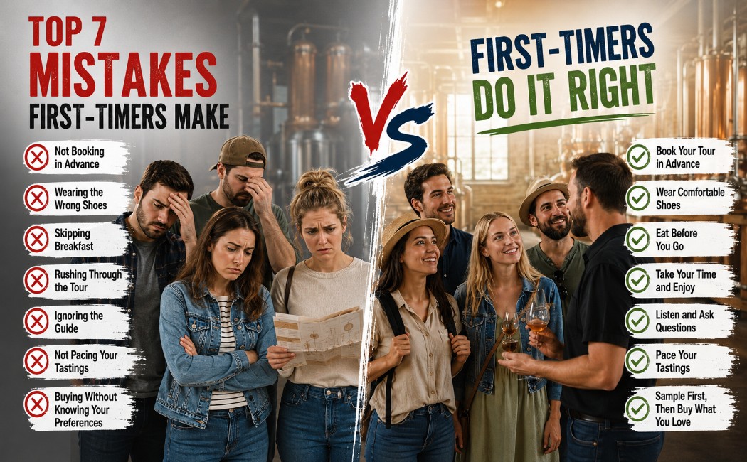 split-image-showing-common-distillery-tour-mistakes-on-the-left-and-first-time-visitors-following-proper-tasting-etiquette-with-a-guide-on-the-right