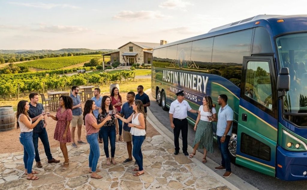 A group of friends enjoying wine tasting outdoors at a scenic vineyard as an Austin Winery party bus arrives in the background.
