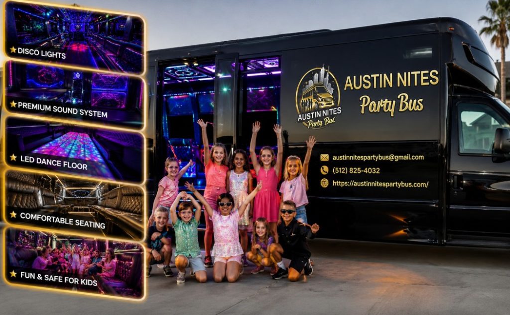 Children celebrating together on a fun party bus experience