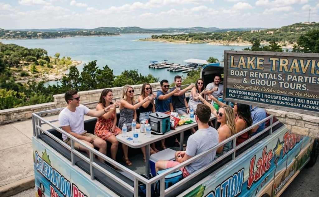 Group of friends toasting drinks on an open-top party bus with a panoramic scenic view of Lake Travis in Texas.