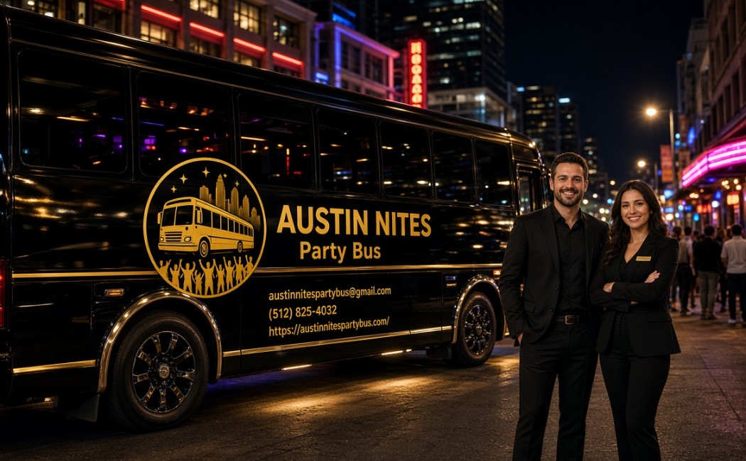 Austin Nites Party Bus team of professional experts standing next to branded black and gold party bus with logo, email austinnitespartybus@gmail.com, phone (512) 825-4032 and website austinnitespartybus.com on a neon