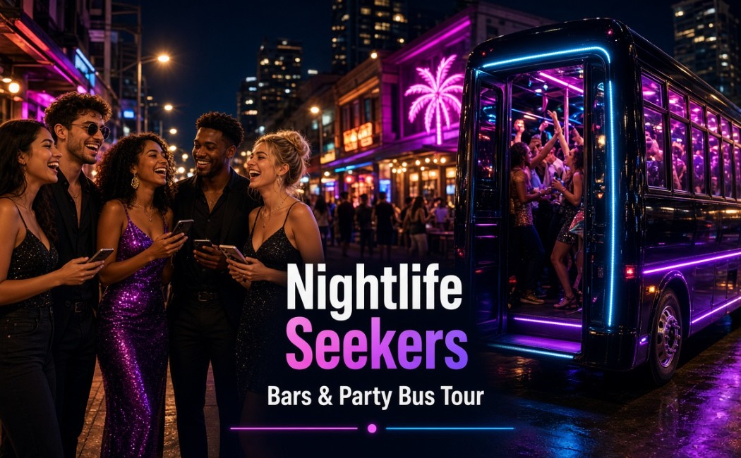 Group of excited friends dressed for a night out seeking nightlife bars tour party bus services next to a brightly lit party bus with dancing people inside under neon city lights