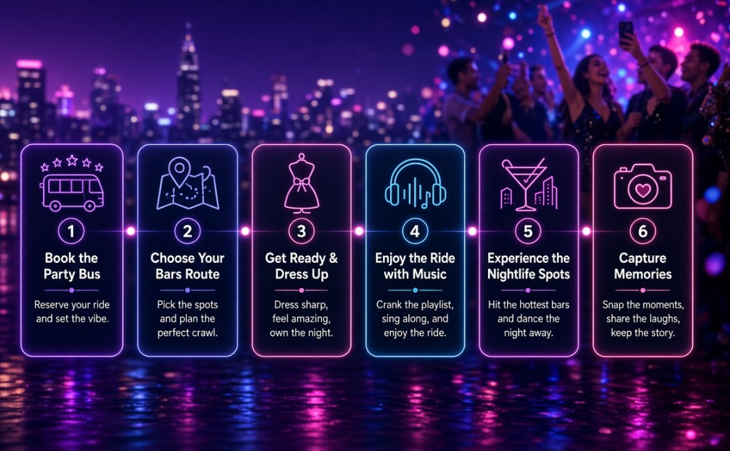 Six essential steps to make a night out special with party bus book the party bus choose your bars route get ready and dress up enjoy the ride with music experience the nightlife spots, and capture memories
